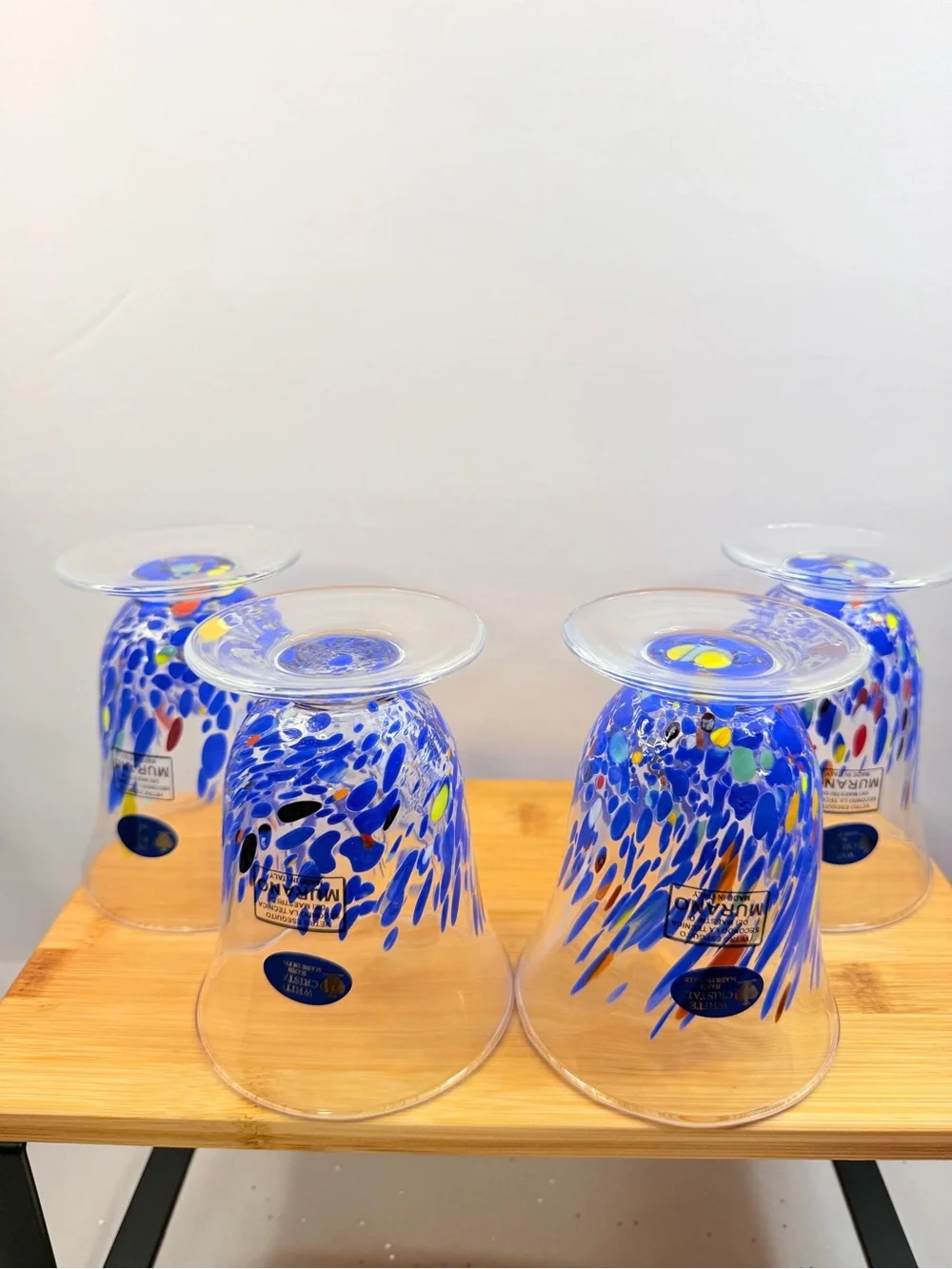 Set of 4 Murano White Cristal Hand Made In Italy Footed Glass Tumblers 4.75
